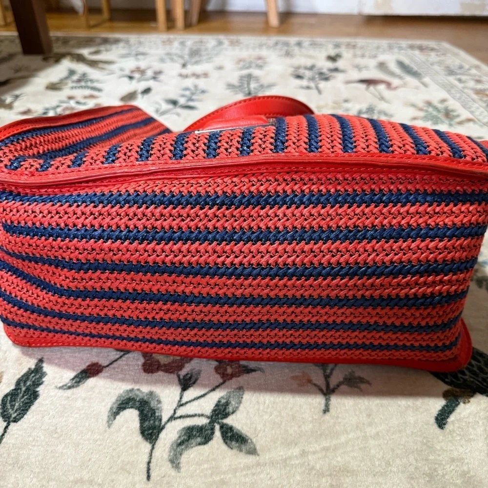 MARC JACOBS Large Tote SAMI Red Orange Navy Woven Weaved w/ Leather Trim Handle